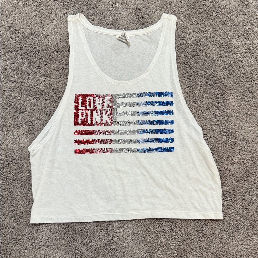 PINK Victoria's Secret White Tank with American Flag Graphic